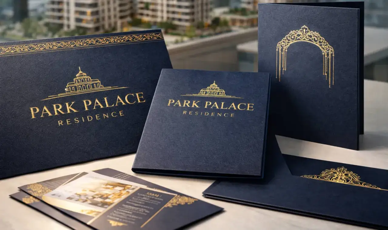 Eleganckie materiały reklamowe Park Palace w kolorze czarnym, symbolizującym wyrafinowanie i luksus.