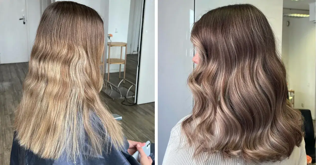 F&ouml;re- och efterbild p&aring; en h&aring;rf&ouml;rvandling. M&ouml;rkt, glansigt h&aring;r med subtila slingor som ger en vacker bronde-effekt.