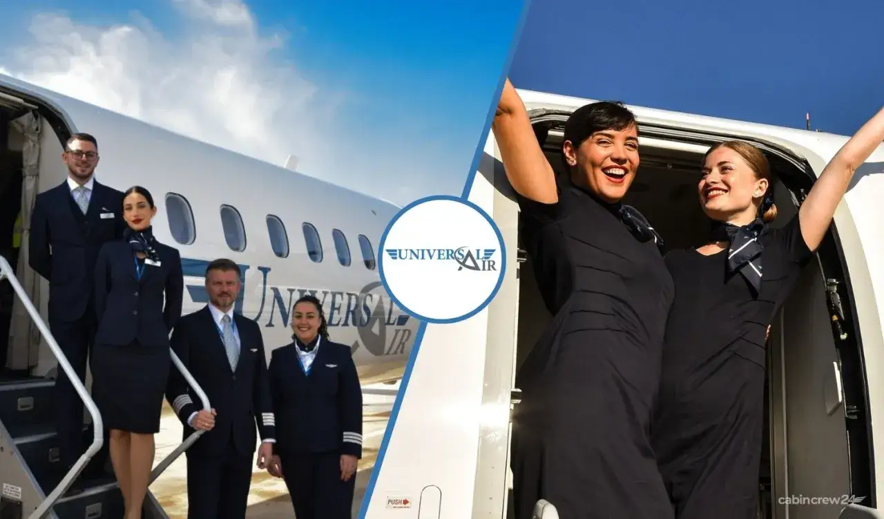 Uśmiechnięty **cabin crew** w granatowych mundurach przy samolocie. Dwie stewardessy witają pasażerów z radością.