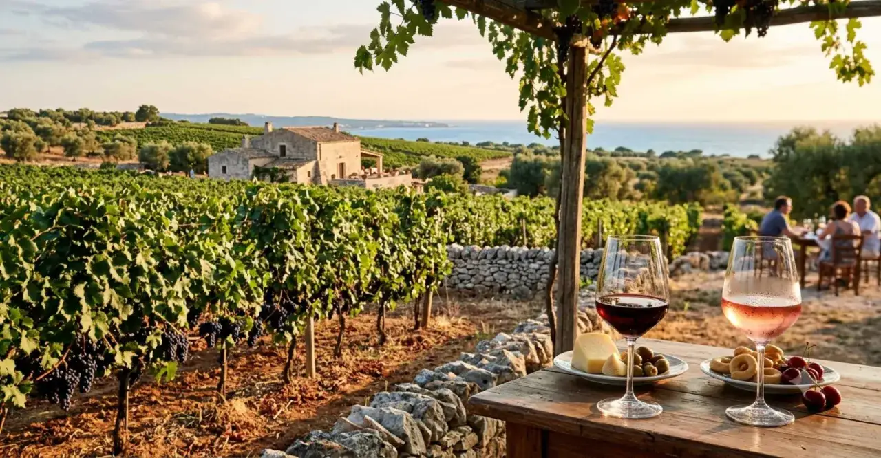 Vigneti pugliesi al tramonto, con calici di vino rosso e rosato, formaggio, olive e ciliegie. Un'esperienza indimenticabile di **Puglia wine**.
