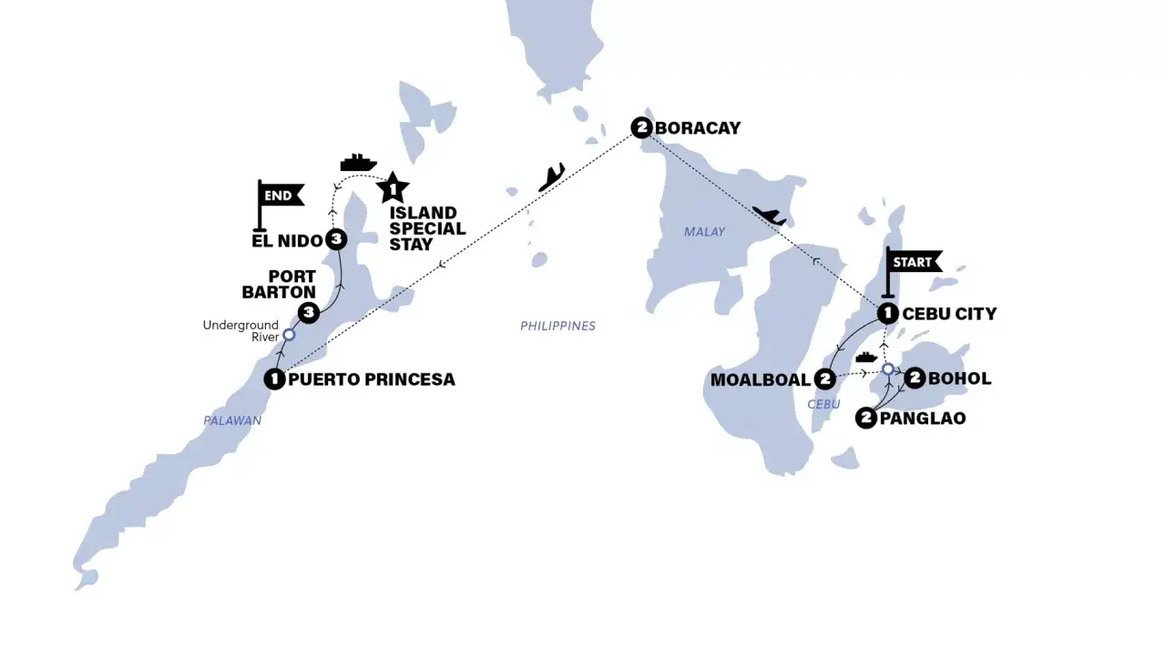 Reiseroute Philippinen 3 Wochen: Start in Cebu City, über Bohol, Panglao, Moalboal, Boracay, Palawan (Puerto Princesa, Underground River, Port Barton) bis El Nido.