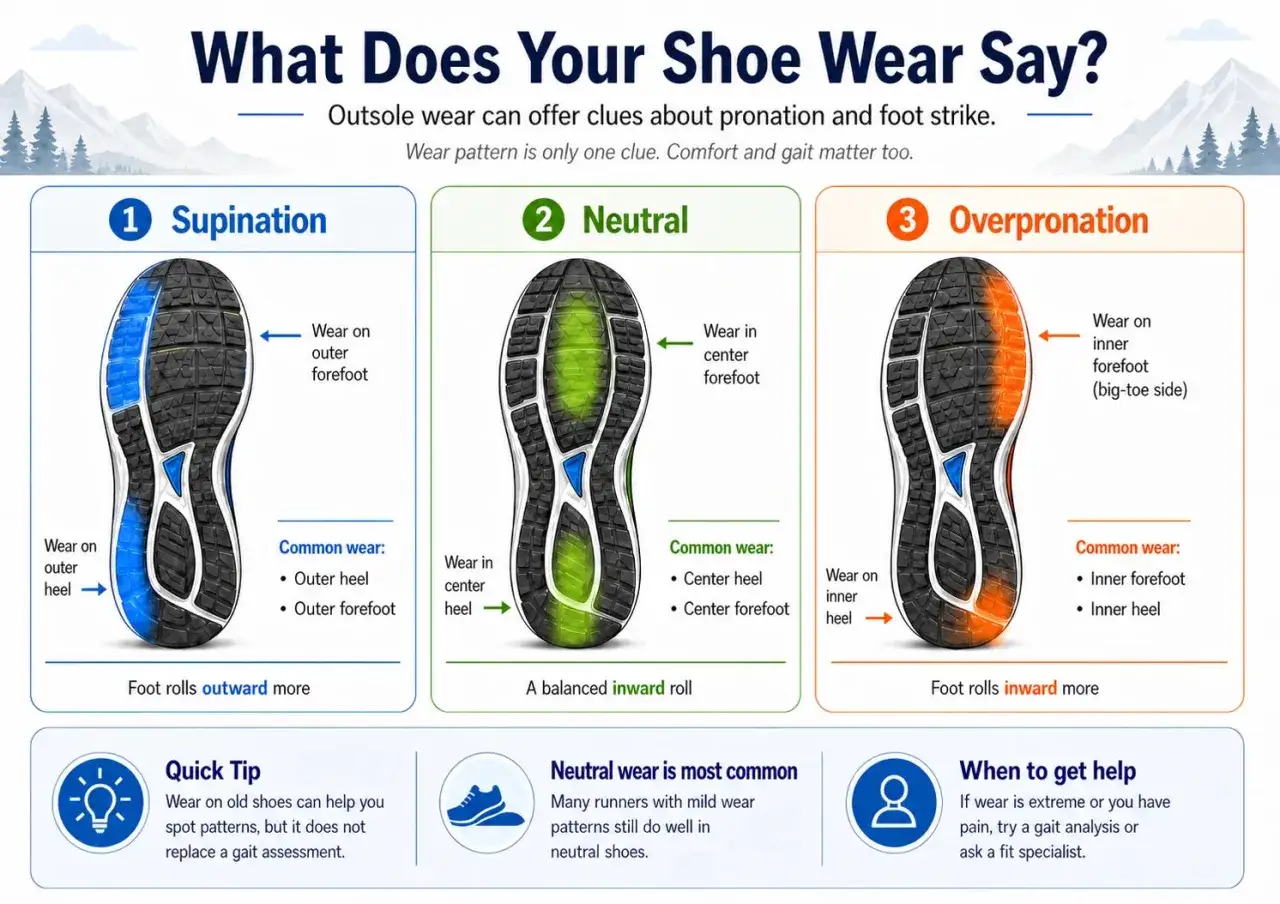 Illustrationer visar tre olika typer av skor med slitage på sulan: supination, neutral och överpronation.