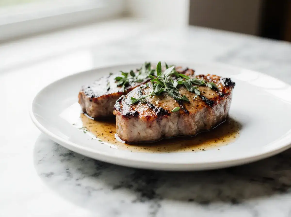 Deux côtelettes de porc grillées, garnies d'herbes fraîches, baignant dans une sauce savoureuse. La marinade côte de porc a parfaitement caramélisé.