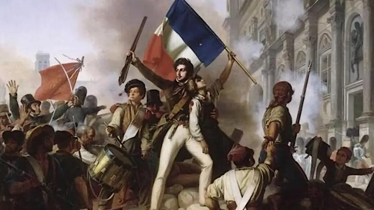 La Libertad guiando al pueblo, un resumen de la revoluci&oacute;n francesa. Gente en lucha con la bandera tricolor.
