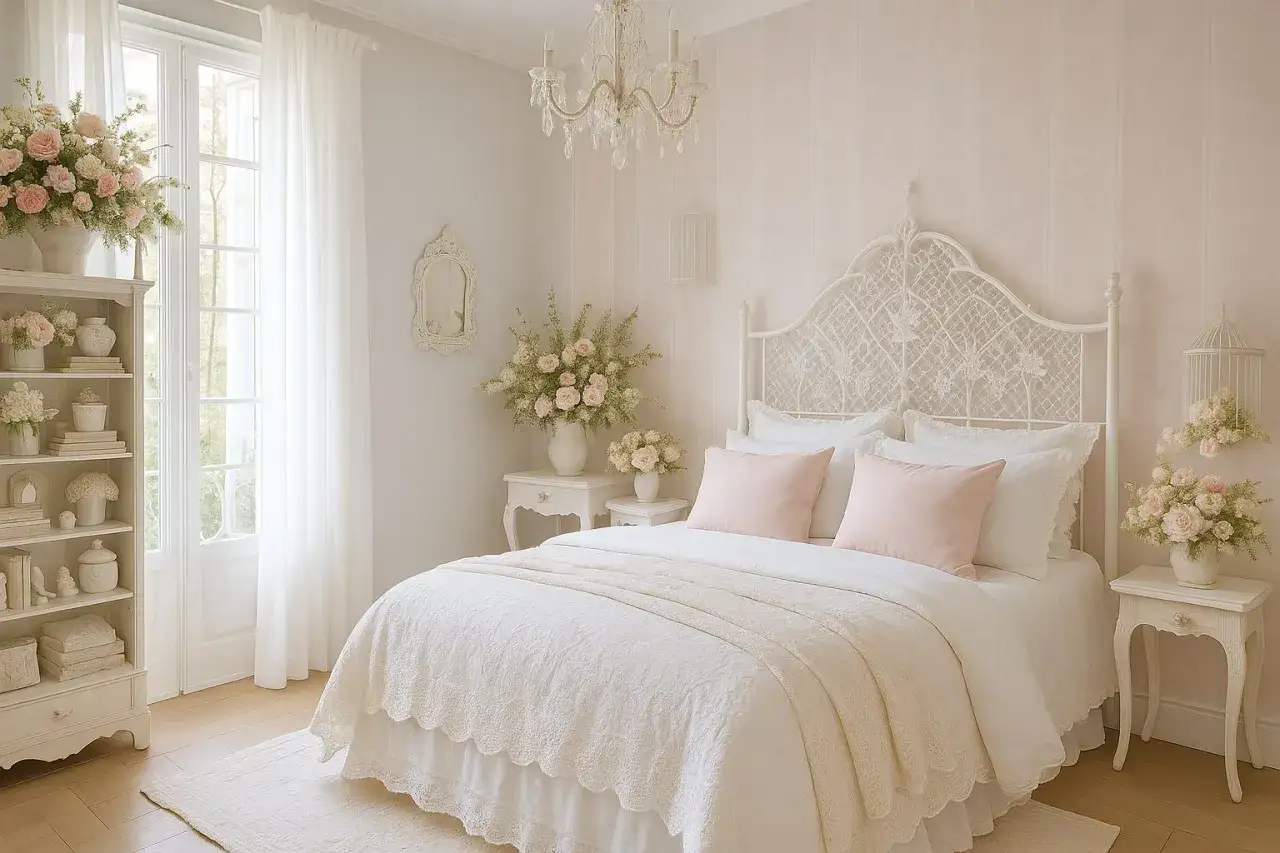 Chambre shabby chic contemporain. Lit blanc orn&eacute; de dentelle, coussins roses, fleurs fra&icirc;ches et mobilier d&eacute;licat.