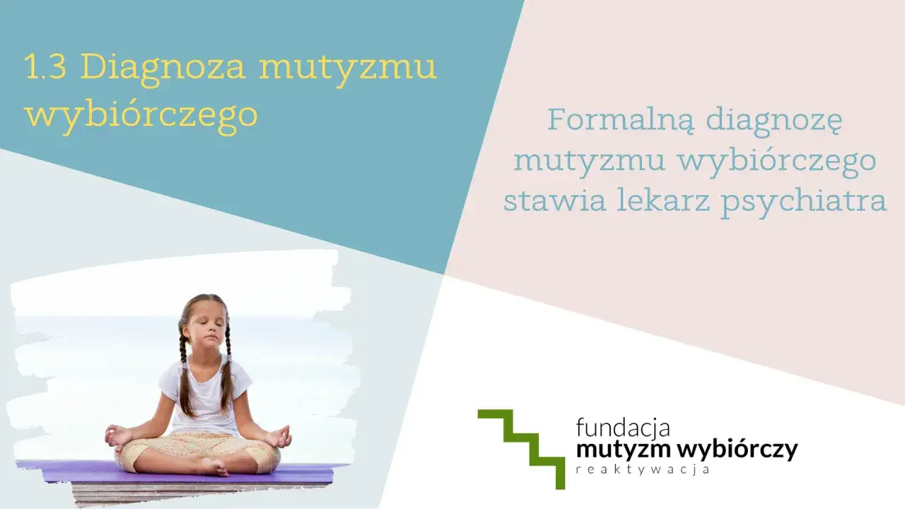 Dziewczynka medytuje na plaży. Obok tekst o diagnozie mutyzmu wybiórczego. Formalną diagnozę stawia lekarz psychiatra.