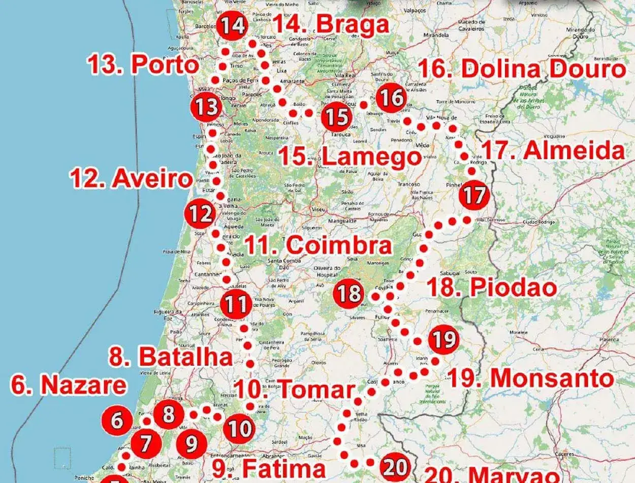 Portugalia na mapie: trasa turystyczna z zaznaczonymi miastami od 6. Nazaré do 20. Marvão.
