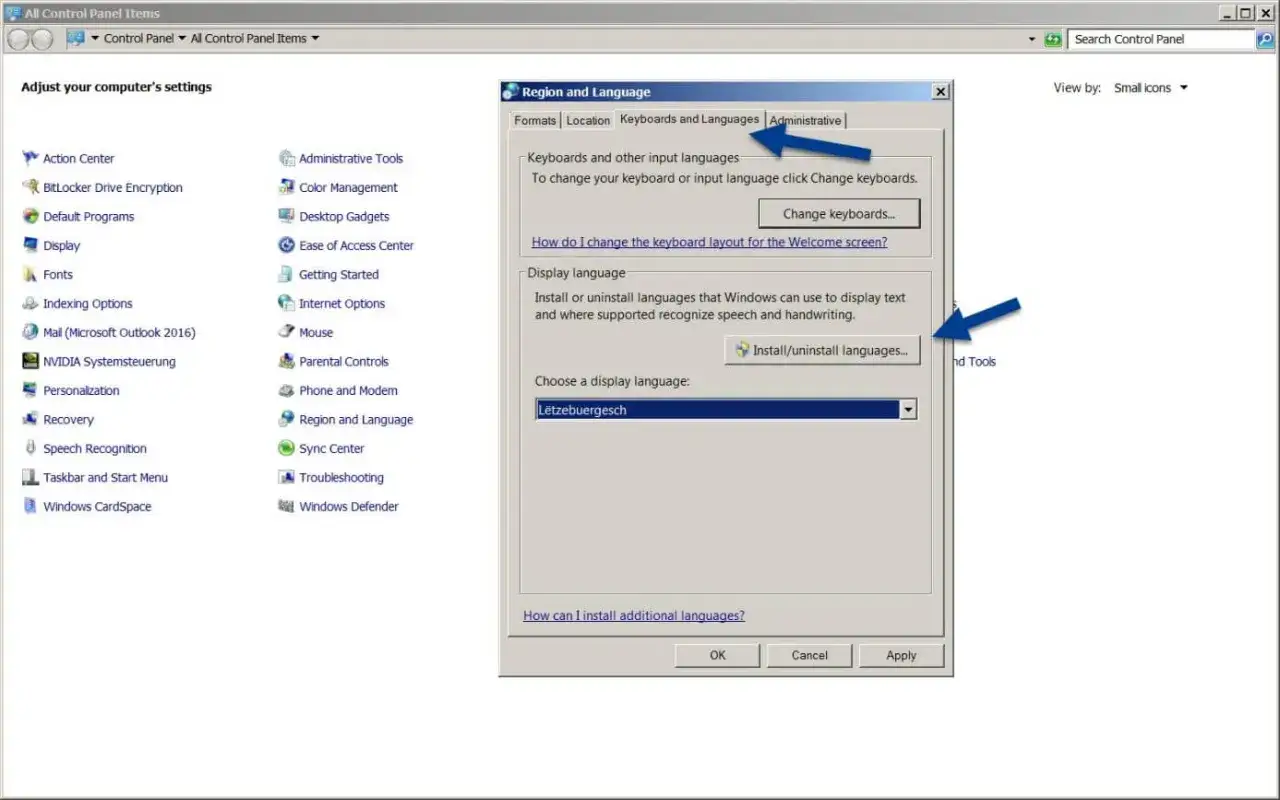 Zmiana języka w Windows 7. Okno 