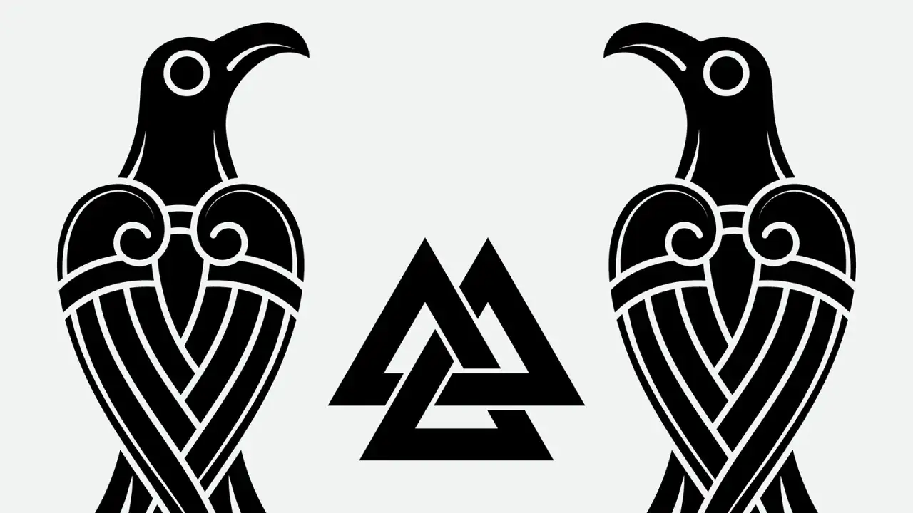 Tv&aring; stiliserade korpar flankerar en triangelformad symbol, alla i svart mot ljusgr&aring; bakgrund. Dessa &auml;r klassiska fornnordiska symboler som v&auml;cker tankar om mytologi och historia.