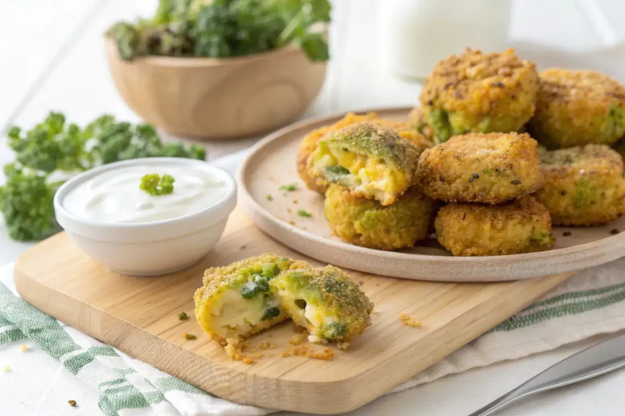 Crujientes nuggets de brócoli con queso derretido, servidos con una cremosa salsa y perejil fresco. ¡Una delicia para picar!