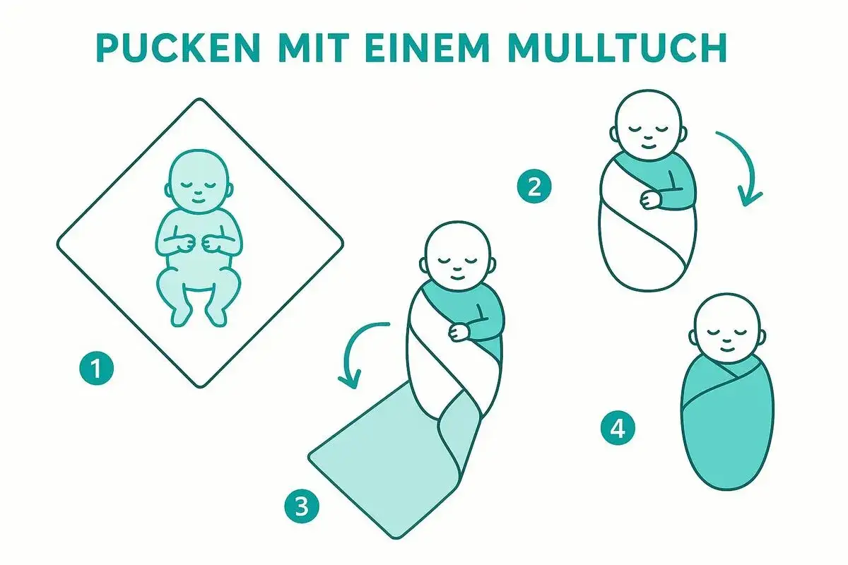 Schritt-für-Schritt-Anleitung zum Baby pucken mit einem Mulltuch. Ein Baby wird sicher und bequem eingewickelt.