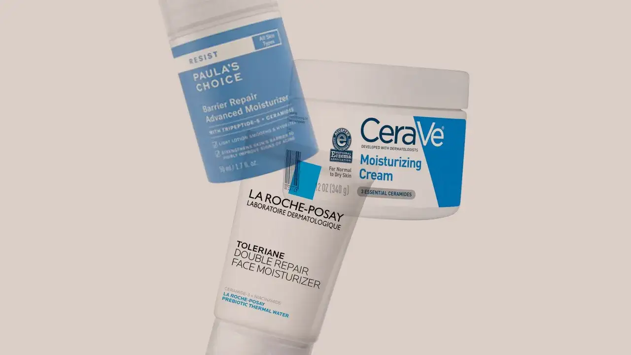 Tre fuktgivande krämer: Paula's Choice, CeraVe och La Roche-Posay. Perfekta för att motverka **stram hud** och ge näring.