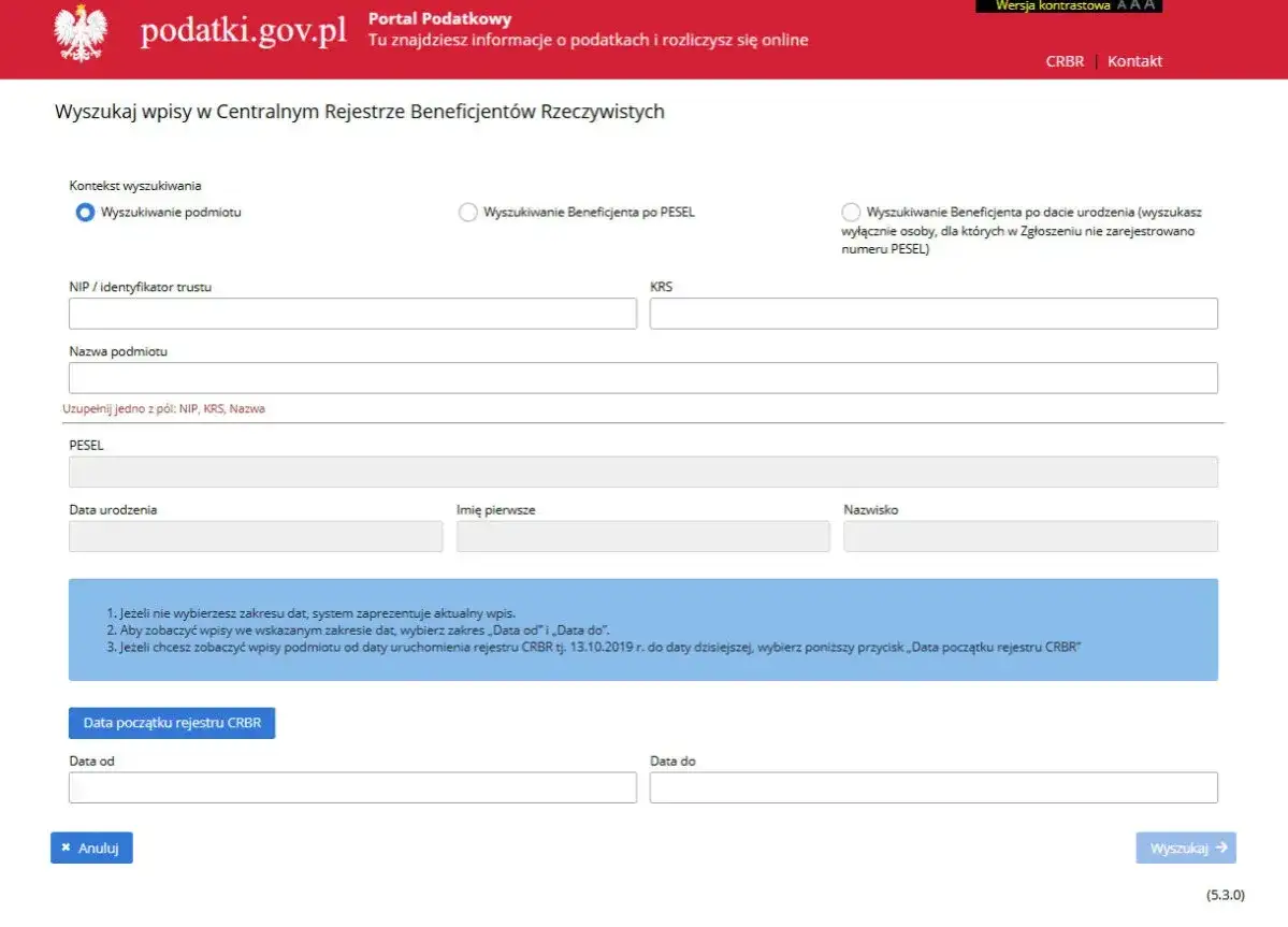 Formularz wyszukiwania w Centralnym Rejestrze Beneficjentów Rzeczywistych. Można szukać po podmiocie, PESEL lub dacie urodzenia.