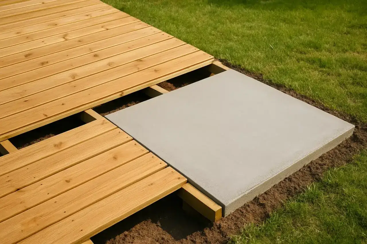 Planche de bois et dalle de béton, matériaux pour terrasse. Un projet de construction extérieur combinant bois et béton.