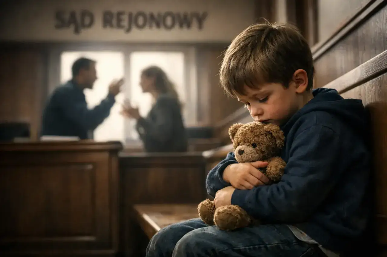 Smutny chłopiec tuli misia w sądzie, podczas gdy rodzice kł&oacute;cą się w tle. To obraz, kt&oacute;ry może symbolizować alienację rodzicielską objawy.