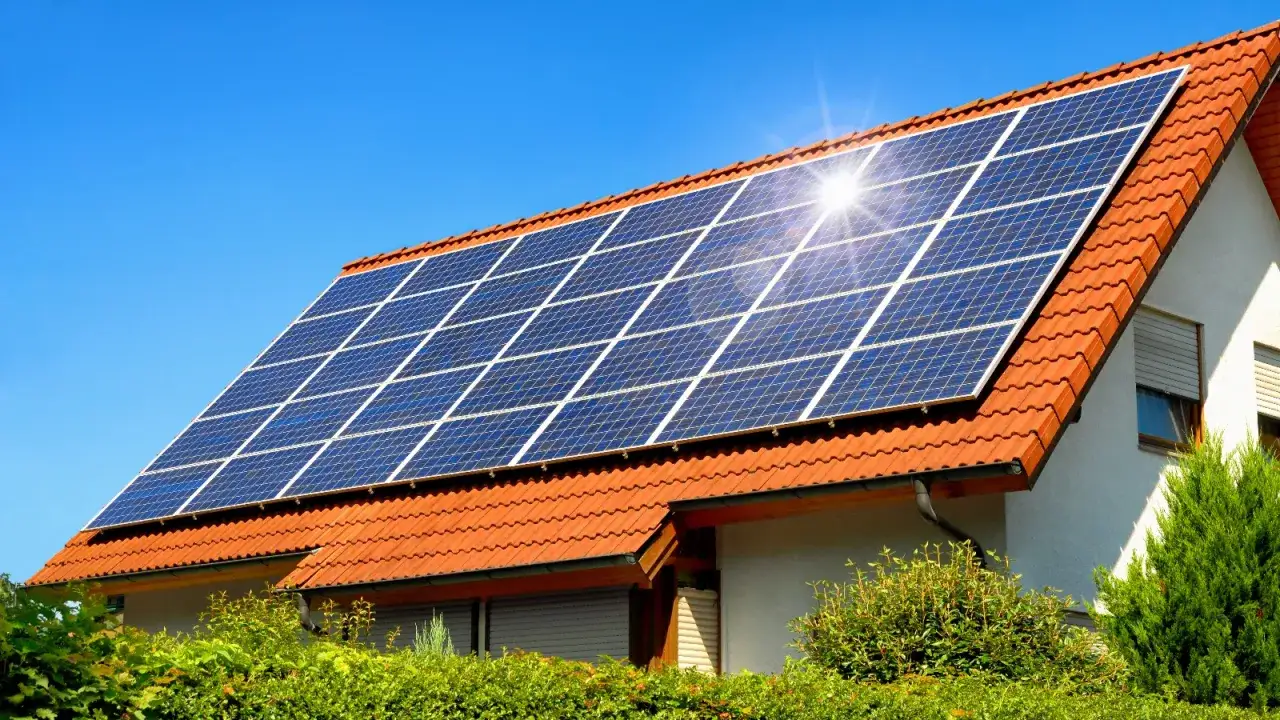 Ein Hausdach mit Solarmodulen, die die Kraft der Sonne einfangen. Die Sonne scheint hell auf die Paneele, die saubere sonne energie liefern.