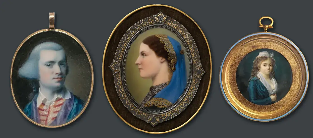 Three oval miniature portraits: a man with powdered hair, a woman in profile with a blue veil, and a young woman in a blue dress.
