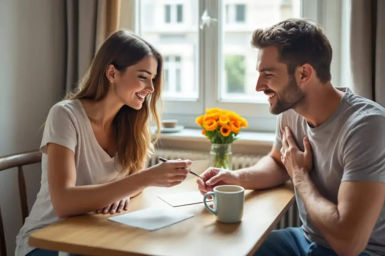 Un couple complice &agrave; table, elle lui montre quelque chose, il sourit, touchant sa poitrine, un geste qui &eacute;veille le **hero instinct**.