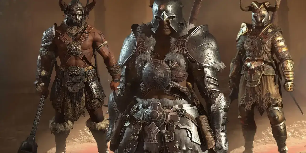 Tres guerreros bárbaros con armaduras imponentes, listos para la batalla en Diablo 4.
