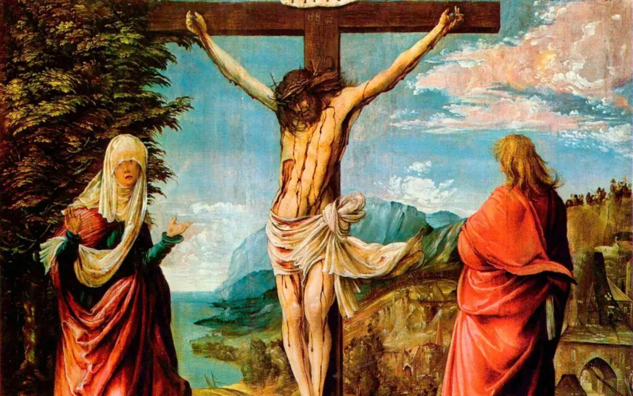Jesus am Kreuz, umgeben von trauernden Figuren. Die Szene thematisiert, warum musste Jesus sterben, und zeigt seine Opferbereitschaft.