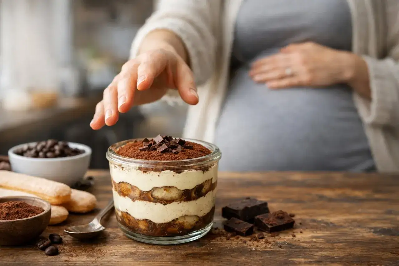 Une femme enceinte savoure un tiramisu, un délice pour une grossesse.