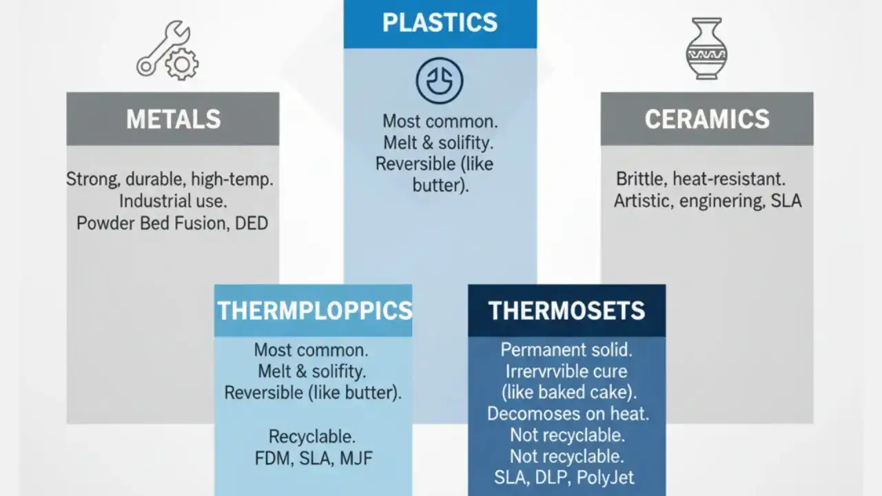 Materiały do drukarki 3D: metale, tworzywa sztuczne, ceramika, termoplasty i termoutwardzalne.