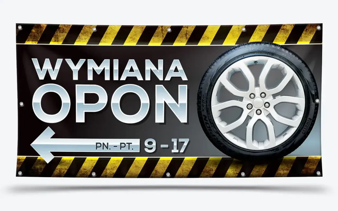 Baner informuje o wymianie opon, podając godziny otwarcia PN-PT 9-17. Dowiedz się, ile kosztuje wymiana opon w tym punkcie.