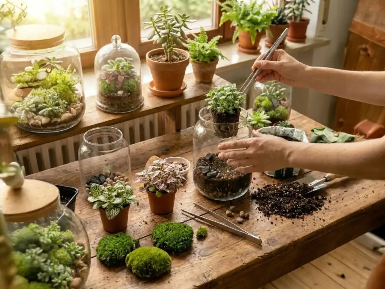 Des mains habiles utilisent une pince pour aider à faire un terrarium, plaçant une petite plante dans un bocal en verre rempli de terre et de cailloux.