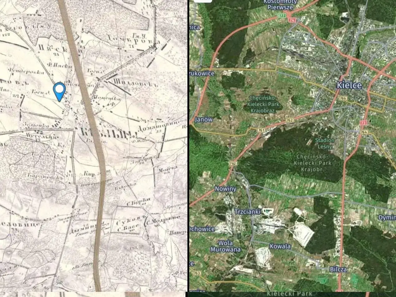 Mapa Kielc z zaznaczonymi lokalizacjami Zielone Zacisze