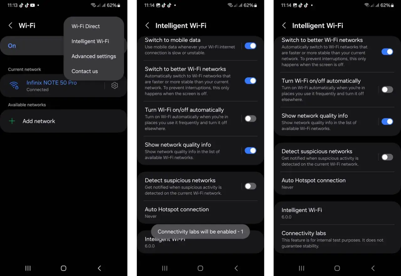 Samsung-inst&auml;llningar f&ouml;r att dela internet via Wi-Fi. Intelligent Wi-Fi optimerar anslutningen.