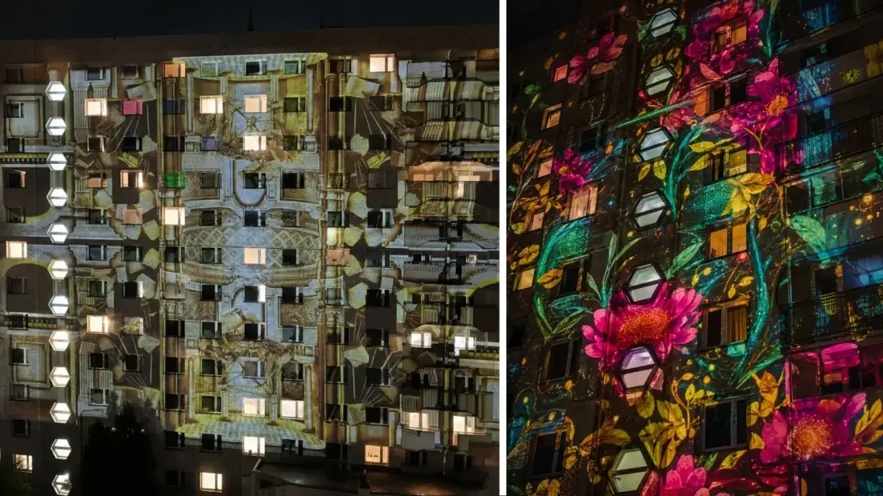 Fasady budynk&oacute;w w Szczecinie ożywają dzięki projekcjom. Jedna ukazuje architektoniczne detale, druga kwitnące kwiaty. Niezwykłe wydarzenia kulturalne Szczecin.