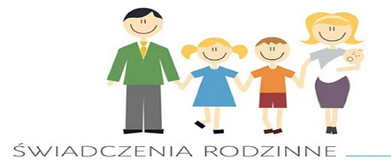 Ilustracja rodziny z dziećmi i niemowlęciem. Podpis: ŚWIADCZENIA RODZINNE DO KIEDY.