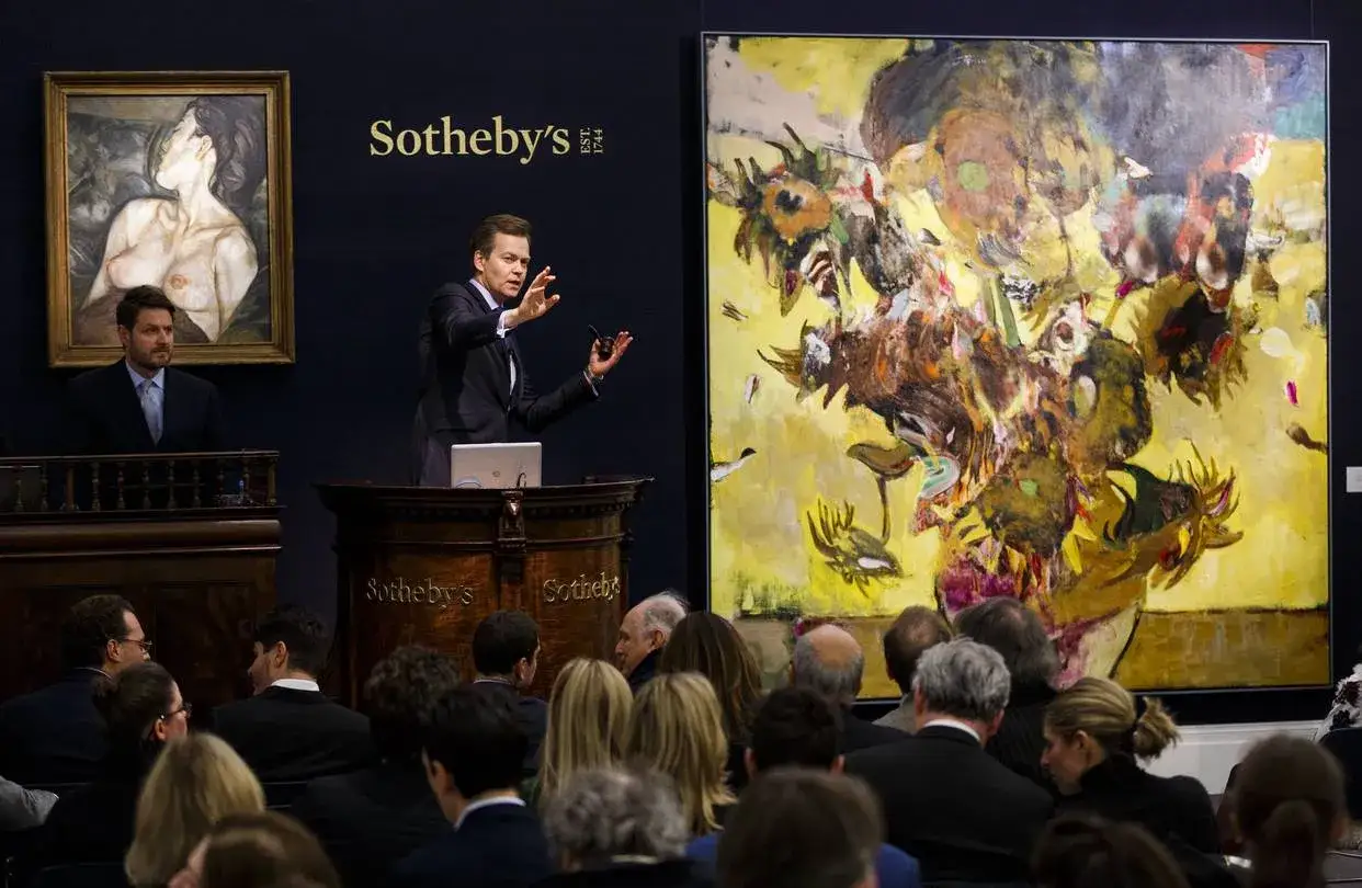 An auctioneer presents a vibrant abstract painting, hinting at strong art investment returns. A classical portrait hangs nearby.