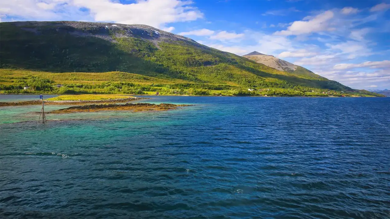Blågrönt vatten möter gröna bergssluttningar vid en kuststräcka i **stord Norge**. En liten ö med en boj syns i förgrunden.