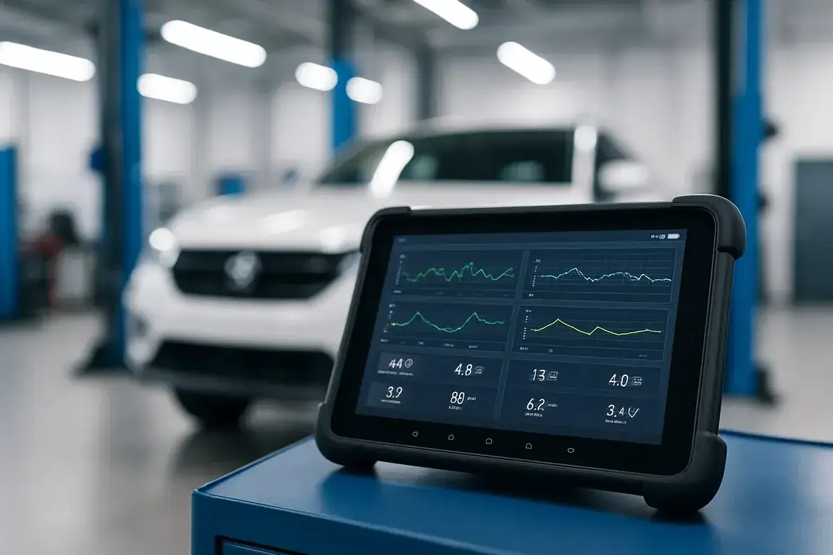 Diagnostyka komputerowa samochodu cena: tablet z wykresami parametrów pojazdu w warsztacie, w tle białe auto.