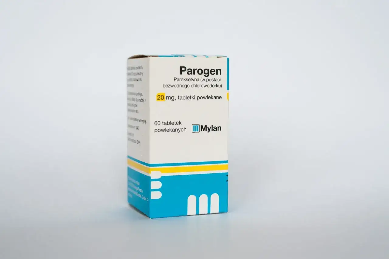 Opakowanie leku Parogen z paroksetyną 20 mg, 60 tabletek powlekanych, Mylan.