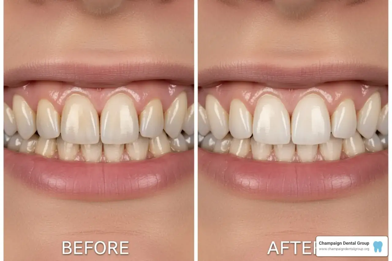 Przed i po: uśmiech po zabiegu **dental bonding**. Zęby jaśniejsze, równe, z pięknym kształtem.