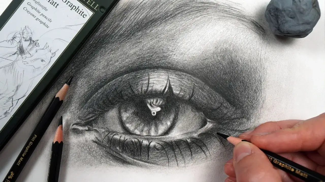 Un ojo realista en proceso, rodeado de l&aacute;pices duros y una goma de borrar.