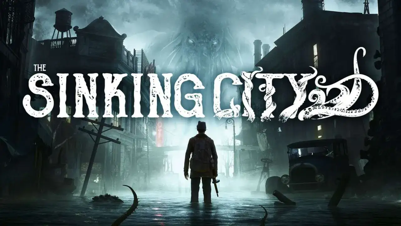 Mroczne miasto, zalane wodą, z potworem w tle. Człowiek w kapeluszu stoi po kolana w wodzie, trzymając broń. To **the sinking city**.