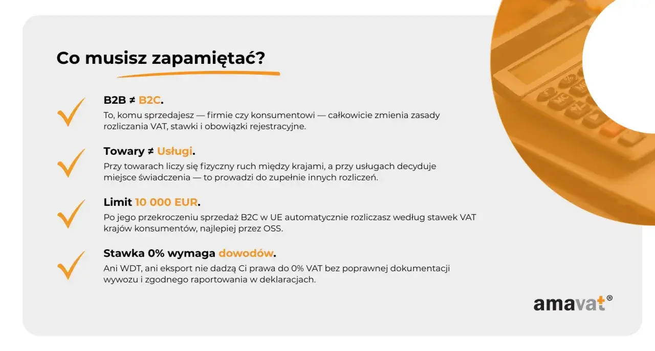 Kluczowe zasady rozliczania VAT, w tym art. 28b ustawy o VAT, dotyczące B2B, B2C, towarów, usług i limitów.