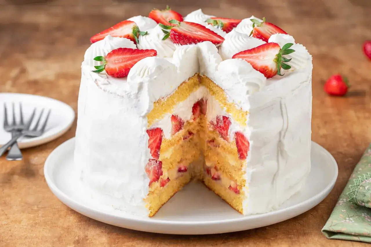Torta panna e fragole velocissima, con strati di pan di Spagna, panna montata e fragole fresche a pezzi. Decorata con panna e fragole a fette.