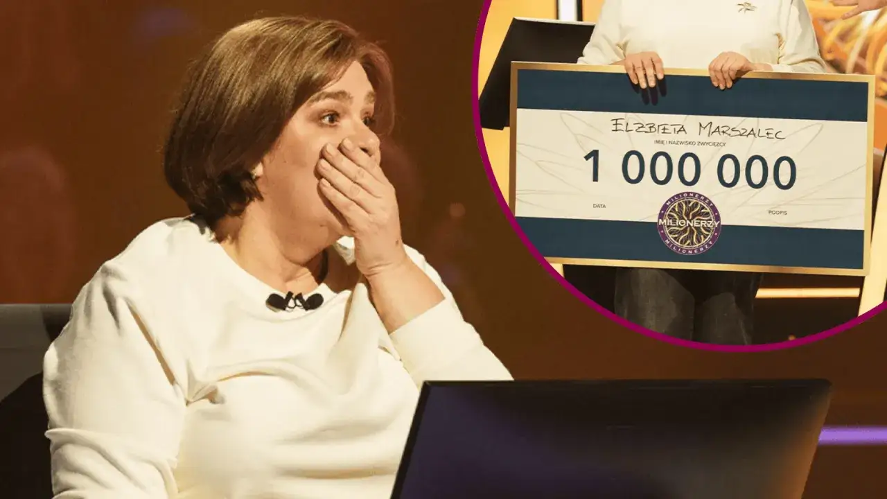 Elżbieta Marszalec, która wygrała milion w Milionerach, zszokowana zakrywa usta.