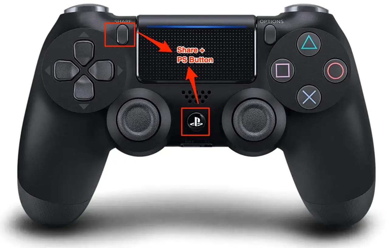 Jak podłączyć pada PS4 do PC? Naciśnij przycisk Share i przycisk PS, aby sparować kontroler.