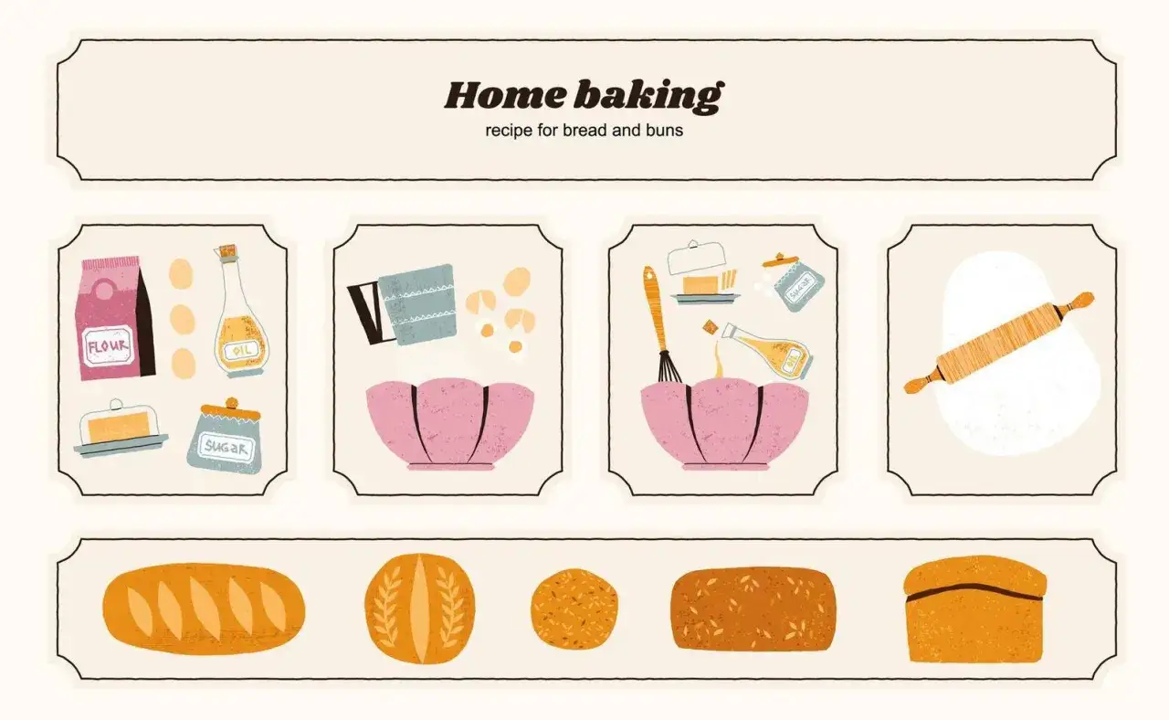 Illustration d'une recette de pain maison : ingr&eacute;dients (farine, huile, sucre), pr&eacute;paration dans un bol, rouleau &agrave; p&acirc;tisserie et pains vari&eacute;s.