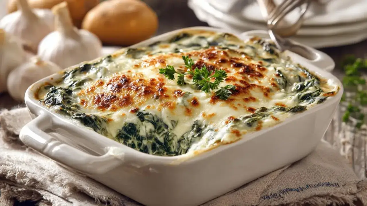 Delicioso plato de espinacas a la crema, gratinado con queso dorado y decorado con perejil fresco.