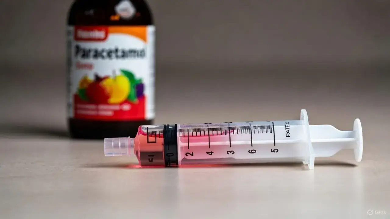 Jeringa con l&iacute;quido rosado, lista para administrar paracetamol ni&ntilde;os. Detr&aacute;s, botella de jarabe.