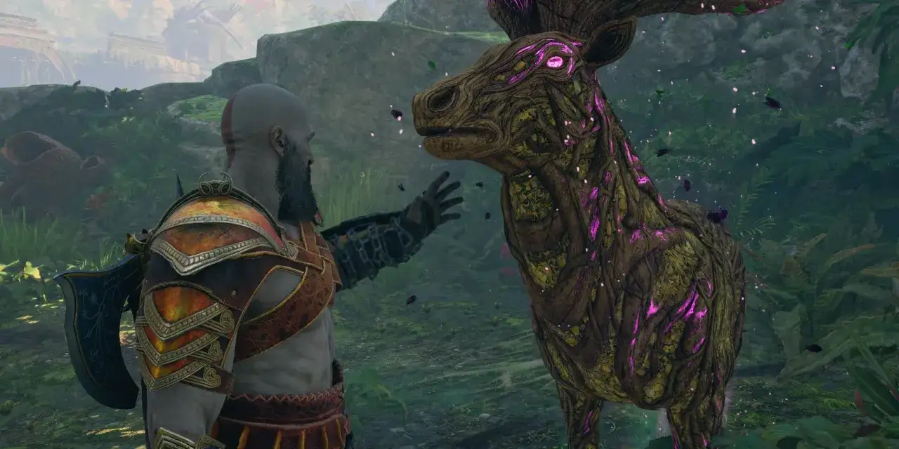 Kratos se encuentra con ciervos estacionales de God of War, criaturas místicas con ojos brillantes y cuernos de madera.