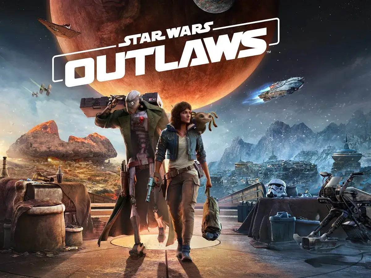 Kobieta i robot w świecie gry Star Wars Outlaws. W tle kosmiczne statki i pustynne krajobrazy.
