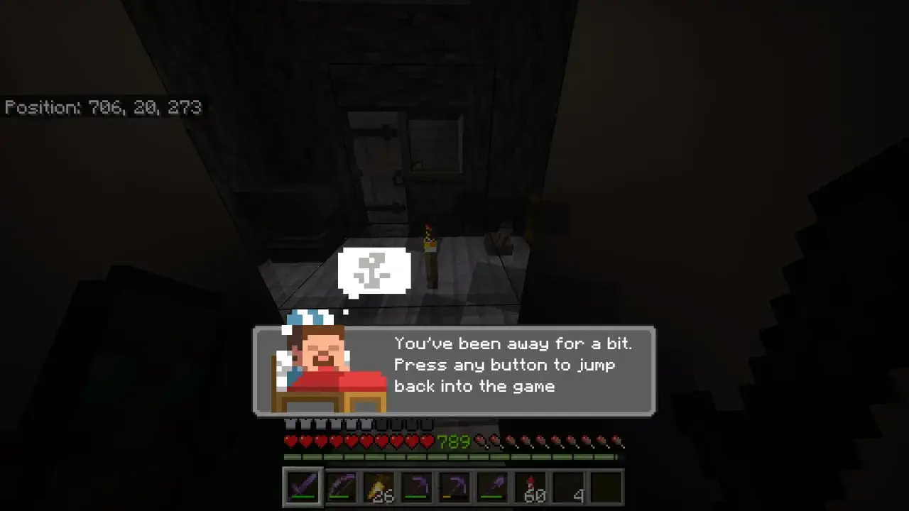 Minecraft-Charakter schläft im Bett. Was heißt AFK? Das Spiel fragt, ob du zurückkehren möchtest.