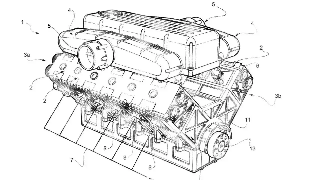 Silnik v12 z turbosprężarkami. Widok techniczny z numerowanymi elementami, ukazujący złożoną konstrukcję jednostki napędowej.